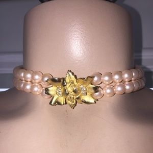 RICHELLEU pink pearl choker Necklace gold crystals